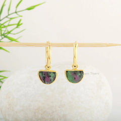 Drop Dangle Earrings - Ruby Zoisite Gemstone Earrings - Silver Hoop - 7x10mm Half Moon Shape Earrings - Gold Plated Earring - Gift for Women
