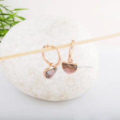 Silver Hoop Earrings - Pink Opal Gemstone Earrings - 7x10mm Half Moon Shape Earrings - Rose Gold Earring - Gift for Women - Handmade Jewelry