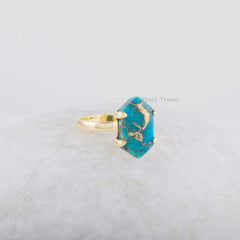 Turquoise Gemstone Ring - Blue Copper Ring - Gold Plated Ring - Hexagon Ring - 925 Solid Silver - Ring for Women - Jewelry for Anniversary