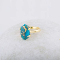 Turquoise Gemstone Ring - Blue Copper Ring - Gold Plated Ring - Hexagon Ring - 925 Solid Silver - Ring for Women - Jewelry for Anniversary