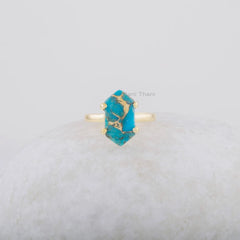 Turquoise Gemstone Ring - Blue Copper Ring - Gold Plated Ring - Hexagon Ring - 925 Solid Silver - Ring for Women - Jewelry for Anniversary