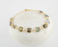 Natural Labradorite Cushion Gemstone Bracelet - Solid 925 Sterling Silver Bezel Cuff Bracelet - Handmade Silver Chain Bracelet -Gift for Her