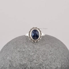 Natural Blue Sapphire Silver Ring - Handmade Gemstone Boho Ring - Solid 925 Silver Dotted Ring Jewelry for Wholesale - Oval Silver Ring