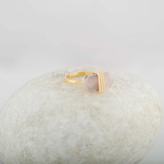 Pink Chalcedony Ring - Sterling Silver Gold Plated Ring - 8x16mm Flat Hexagon Stone - Artisan Jewelry - Jewelry for Women - Gift For Writer