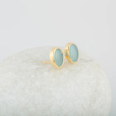 Aqua Chalcedony Stud 925 Pure Silver Gold Plated Handmade Earrings - 10x12 mm Oval - Casual Studs - Gift For Women - Handcrafted Masterpiece