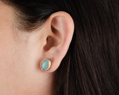 Aqua Chalcedony Stud 925 Pure Silver Gold Plated Handmade Earrings - 10x12 mm Oval - Casual Studs - Gift For Women - Handcrafted Masterpiece