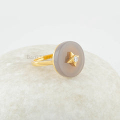 Star Diamond Grey Chalcedony 16mm Round Gemstone Ring - 925 Sterling Silver Birthstone Ring 18k Gold Plated Ring Handcrafted made with love