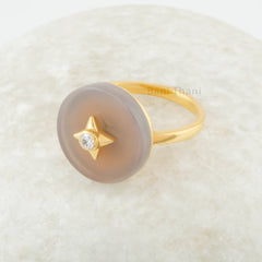 Star Diamond Grey Chalcedony 16mm Round Gemstone Ring - 925 Sterling Silver Birthstone Ring 18k Gold Plated Ring Handcrafted made with love