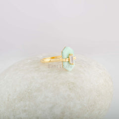 Chrysoprase Ring - 7x15mm Hexagon and 2.5x5mm Baguette STY Diamond Sterling Silver Ring - Gold Plated Handcrafted Ring - Gift For Mother
