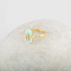 Chrysoprase Ring - 7x15mm Hexagon and 2.5x5mm Baguette STY Diamond Sterling Silver Ring - Gold Plated Handcrafted Ring - Gift For Mother