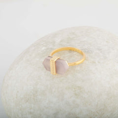 Pink Chalcedony Ring - Sterling Silver Gold Plated Ring - 8x16mm Flat Hexagon Stone - Artisan Jewelry - Jewelry for Women - Gift For Writer