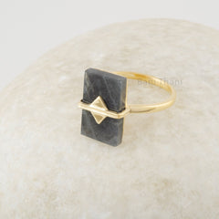 Labradorite Gemstone 9x13mm Flat Rectangle Rings - Sterling Silver 18K gold Plated - Anniversary Gift Ring for Wife - Trendy Jewelry