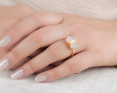 Pink Chalcedony Ring - Sterling Silver Gold Plated Ring - 8x16mm Flat Hexagon Stone - Artisan Jewelry - Jewelry for Women - Gift For Writer