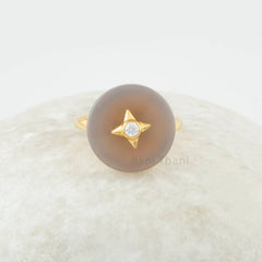 Star Diamond Grey Chalcedony 16mm Round Gemstone Ring - 925 Sterling Silver Birthstone Ring 18k Gold Plated Ring Handcrafted made with love