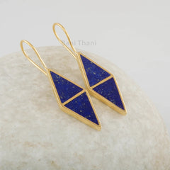 Natural Lapis Earrings, 925 Sterling Silver Dangle - 10x13mm Gold Plated Drop Earrings - Multi Stone Jewelry For Mom