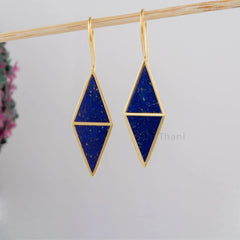 Natural Lapis Earrings, 925 Sterling Silver Dangle - 10x13mm Gold Plated Drop Earrings - Multi Stone Jewelry For Mom