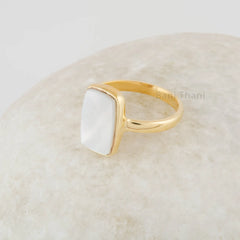 Pearl Ring - Gold Plated Silver Ring - 8x13mm Cushion Flat Mother Of Pearl Gemstone Ring - Jewelry Wholesaler- Christmas Gift For Women