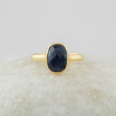 Blue Sapphire Gemstone Ring - Sterling Silver Cushion Ring - Natural Sapphire Gold Plated Bezel Ring - Handmade Silver Ring- Jewelry for Mom
