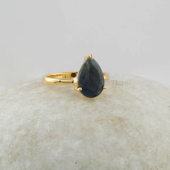 Labradorite Ring, 8x12mm Pear Shape Gemstone Ring, Gold Plated Ring For Mom, 925 Sterling Silver Ring, Prong Set Ring - Gift Jewelry
