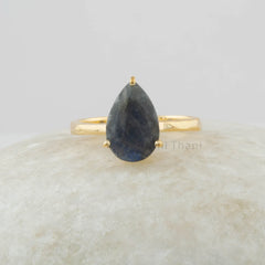 Labradorite Ring, 8x12mm Pear Shape Gemstone Ring, Gold Plated Ring For Mom, 925 Sterling Silver Ring, Prong Set Ring - Gift Jewelry