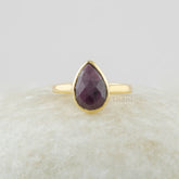 Ruby Ring, 8x11mm Pear Faceted Gemstone Silver Ring, 18k Gold Plated Natural Ruby Ring, 925 Sterling Silver Bezel Ring, Gemstone Jewelry
