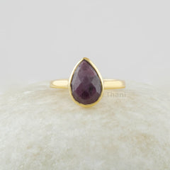 Ruby Ring, 8x11mm Pear Faceted Gemstone Silver Ring, 18k Gold Plated Natural Ruby Ring, 925 Sterling Silver Bezel Ring, Gemstone Jewelry