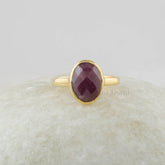 Ruby Ring Silver, 9x11mm Oval Gemstone Silver Ring, 18k Gold Plated Natural Ruby Ring, 925 Sterling Silver Bezel Ring, Gemstone Jewelry