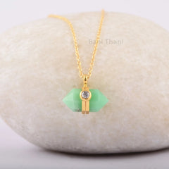 Chrysoprase 7x15mm Hexagonal Gemstone Necklace, 925 Silver Gold Plated Necklace, Anniversary Gift Necklace, Vintage Necklace Jewelry For Mom