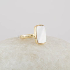 Pearl Ring - Gold Plated Silver Ring - 8x13mm Cushion Flat Mother Of Pearl Gemstone Ring - Jewelry Wholesaler- Christmas Gift For Women