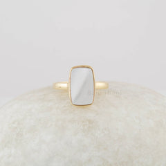 Pearl Ring - Gold Plated Silver Ring - 8x13mm Cushion Flat Mother Of Pearl Gemstone Ring - Jewelry Wholesaler- Christmas Gift For Women