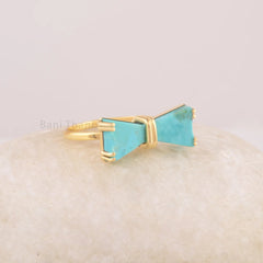 Arizona Turquoise 9x10mm Bow Style Ring - Gold Plated Sterling Silver Gemstone Ring - Turquoise Jewelry For Mom - Christmas Gift For Women