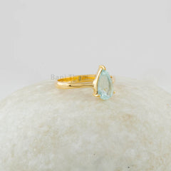 Aquamarine Ring, Solid Silver 925 Ring, Gold Plated Engagement Ring, Pear Aqua Gemstone Ring, Custom Handmade Jewelry, Promise Ring for Mom