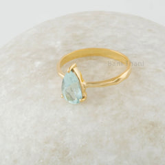 Aquamarine Ring, Solid Silver 925 Ring, Gold Plated Engagement Ring, Pear Aqua Gemstone Ring, Custom Handmade Jewelry, Promise Ring for Mom