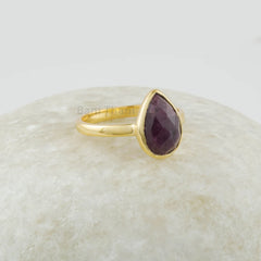 Ruby Ring, 8x11mm Pear Faceted Gemstone Silver Ring, 18k Gold Plated Natural Ruby Ring, 925 Sterling Silver Bezel Ring, Gemstone Jewelry