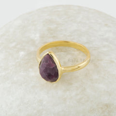 Ruby Ring, 8x11mm Pear Faceted Gemstone Silver Ring, 18k Gold Plated Natural Ruby Ring, 925 Sterling Silver Bezel Ring, Gemstone Jewelry