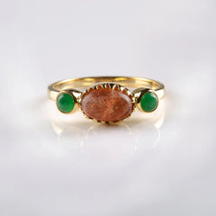 Sunstone Ring, Natural Sunstone & Green Aventurine Gemstone Ring, Sterling Silver 18k Gold Plated Silver Ring, Healing Crystal, Gift For Her