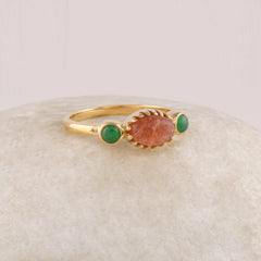 Sunstone Ring, Natural Sunstone & Green Aventurine Gemstone Ring, Sterling Silver 18k Gold Plated Silver Ring, Healing Crystal, Gift For Her