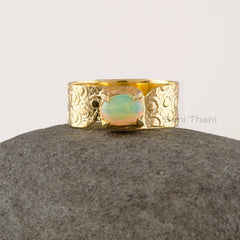 Ethiopian Opal Ring, Gold Plated Solid Silver Ring, 7x5mm Oval Shape Gemstone Ring, Boho Ring, Handmade Ring, Ring Gifts For Wife