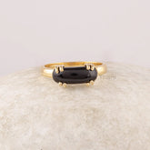 Curved Black Onyx Gemstone Ring, Double Prong Oval Shape Gemstone Ring, Gold Plated 925 Sterling Silver Ring, Handmade Ring Gift For Her