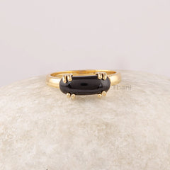 Curved Black Onyx Gemstone Ring, Double Prong Oval Shape Gemstone Ring, Gold Plated 925 Sterling Silver Ring, Handmade Ring Gift For Her