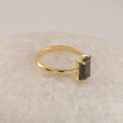 Sterling Silver Labradorite Gemstone Ring, Solid 18k Gold Plated Statement Ring, 5x8mm Rectangle Shape Handmade Prong Ring, Minimalist Ring