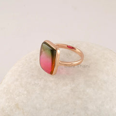 Tourmaline Bi Doublet Quartz Gemstone Ring, Cushion Shape Smooth Gemstone Ring, Multi Color Ring Women, Minimalist 925 Sterling Silver Ring