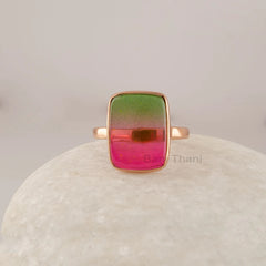 Tourmaline Bi Doublet Quartz Gemstone Ring, Cushion Shape Smooth Gemstone Ring, Multi Color Ring Women, Minimalist 925 Sterling Silver Ring