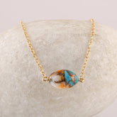 Oyster Copper Turquoise Pendant Necklace, 925 Sterling Silver Gold Plated Necklace, Handmade Roundal Oval Shape Beaded Necklace Jewelry For Her