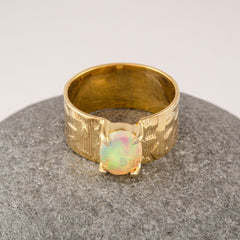 Ethiopian Opal Ring For Women - Handmade Texture Ring - Boho Jewelry - 9x7mm Oval Gemstone - Gold Plated - Sterling Silver