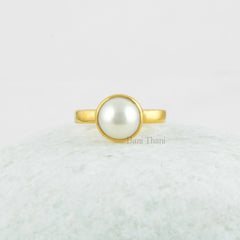 White Freshwater Pearl 8x8mm Round Micron Gold Plated 925 Sterling Silver Ring Jewelry, White Gemstone Ring For Women, Gift For Valentines