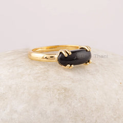 Curved Black Onyx Gemstone Ring, Double Prong Oval Shape Gemstone Ring, Gold Plated 925 Sterling Silver Ring, Handmade Ring Gift For Her