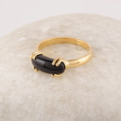 Curved Black Onyx Gemstone Ring, Double Prong Oval Shape Gemstone Ring, Gold Plated 925 Sterling Silver Ring, Handmade Ring Gift For Her