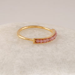 Rose Quartz Band Ring, Half Eternity Round Beads Gemstone Ring, 18k Gold Plated 925 Sterling Silver Ring, Handmade Ring Gift For Her