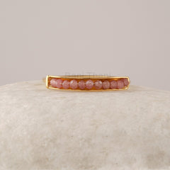 Rose Quartz Band Ring, Half Eternity Round Beads Gemstone Ring, 18k Gold Plated 925 Sterling Silver Ring, Handmade Ring Gift For Her